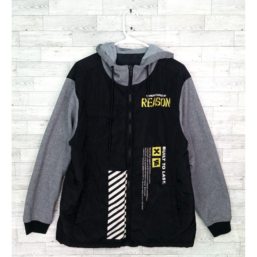 Men's Reason Brand Logo Light Windbreaker Hoodie Jacket Size Large L Black Gray